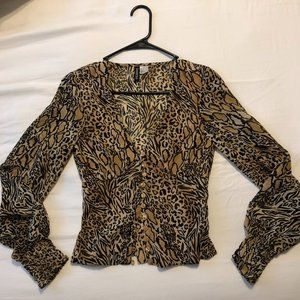 H&M | Animal Print Button Front Blouse, Brown 0